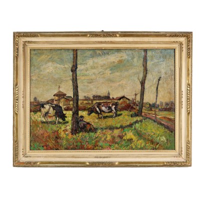 Tableau Ancien Aperçu de la Brianza Huile sur Toile Italie XXe Siècle