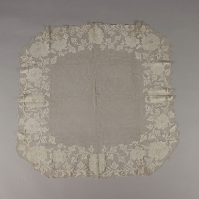 Ancient Tablecloth '900 Filet Ivory White Cotton Emboideries Flowers