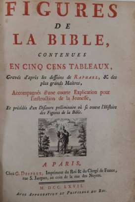 Figures de la Bible, contenues en cinq cens Tableaux, Gravés d'après les desseins de Raphael, & des plus grands Maitres, Accompagnés d'une courte Explication pour l'instruction de la Jeunesse, Et précedés d'un Discours préliminaire où se trouve l'Histoire des Figures de la Bible