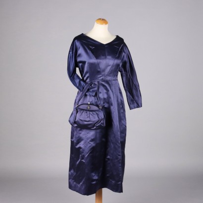 Vintage Dress in Blue Satin with Handbag