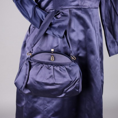 Vintage Dress in Blue Satin with Handbag