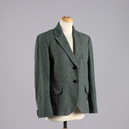 Max Mara Second Hand Blazer UK Size 18 Green Wool Brown Leather