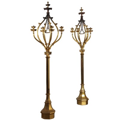 Paire de Lampadaires Anciennes en Bronze Dorée Italie XXe Siècle