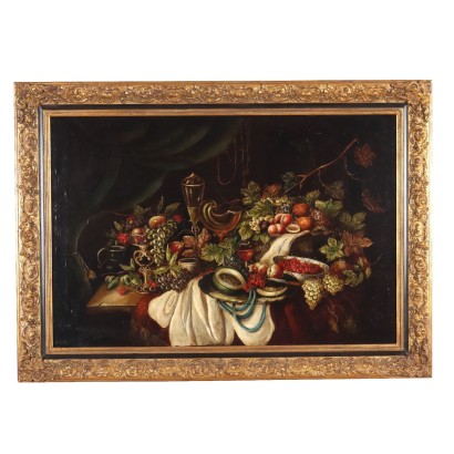 Tableau Ancien avec Nature Morte Huile sur Toile Italie XIXe Siècle