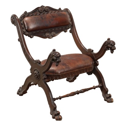 Antique Neo-Renaissance Style Seat Wood Leather XX Century