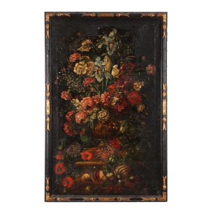 Antique Painting with Flower Composition Oil on Canvas XVII Century