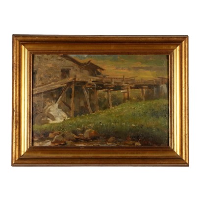 Modern Painting Signed C. Vittori Landscape Oil on Cardboard '900