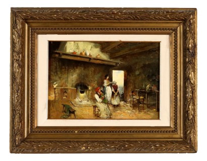 Tableau Modèrne Scène d'Interieur Huile sur Toile XXe Siècle