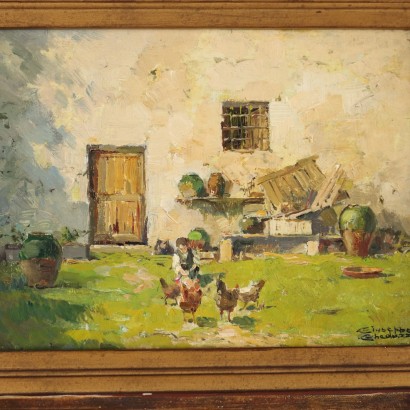 Peinture de Giuseppe Gheduzzi,Paysanne avec des poulets,Giuseppe Gheduzzi,Giuseppe Gheduzzi,Giuseppe Gheduzzi,Giuseppe Gheduzzi