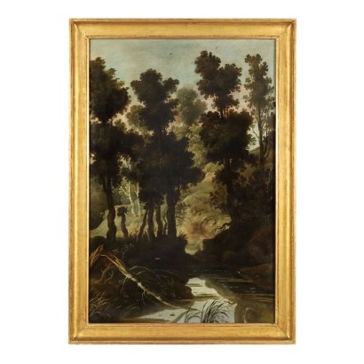 Dipinto Paesaggio con Figura,Paesaggio boschivo con figura