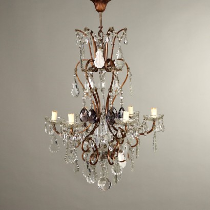 Antique Chandelier 6 Lights Iron Glass Italy XX Century