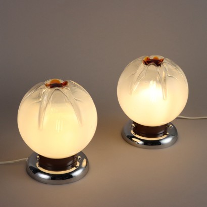 Vintage 1970s Table Lamps Chromed Metal Blown Glass