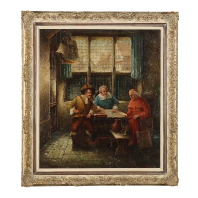 Peinture d'intérieur avec personnages, scène d'intérieur avec personnages