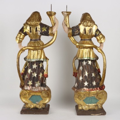 Pair of Candle Holder Angels, Pair of Wooden Candle Holder Angels