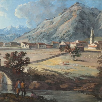 Peinture de paysage avec rivière et personnages,Paysage avec rivière et personnages,Peinture de paysage avec rivière et personnages