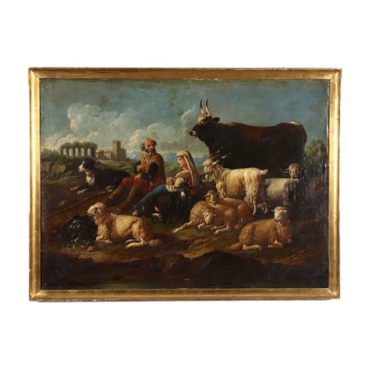 PEINTURE AVEC DES FIGURES ET UN TROUPEAU, Peinture de paysage avec des bergers et des troupeaux