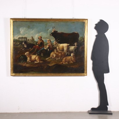 PAINTING WITH FIGURES AND HERD, Landscape Painting with Shepherds and Herds