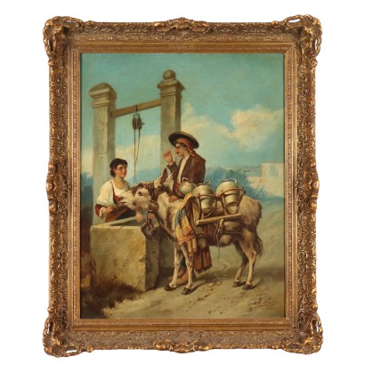 Antique Painting Signed Joseph Haier Courtship at the Well 1873