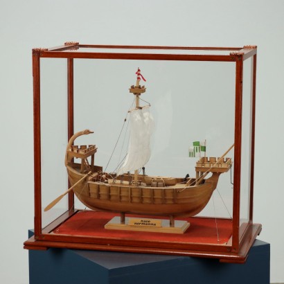 In Scale Ship Model Vintage Wood Glass Case Handmade Italy XX Century