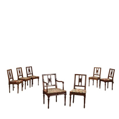 Groupe de 6 Chaises et Fauteuil Néoclassique Noyer Italie XVIII Siècle